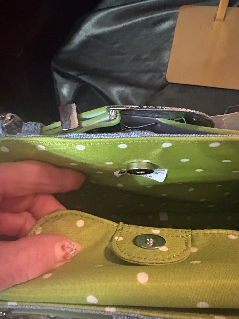 Denim Tote with Lime Green Trim and Beaded Handles - Picture 9 of 9